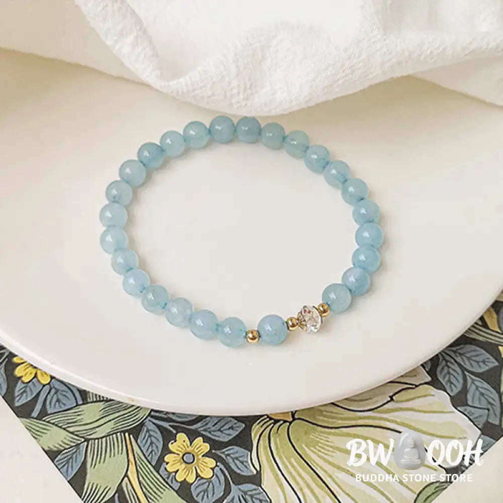 Buddha Stones 14K Gold Plated Copper Aquamarine White Crystal White Agate Blue Crystal Healing Bracelet - BWOOOH