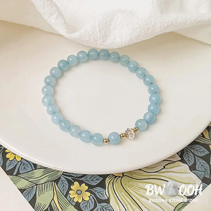 Buddha Stones 14K Gold Plated Copper Aquamarine White Crystal White Agate Blue Crystal Healing Bracelet - BWOOOH