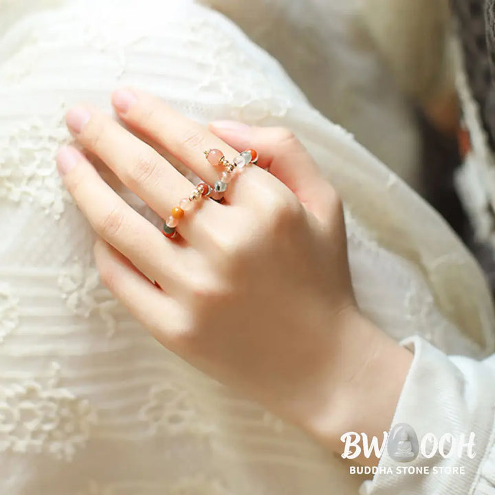 Buddha Stones 14k Gold Plated Copper Fu Lu Shou Crystal Peach Moonstone Happiness Wealth Ring - BWOOOH - Ring