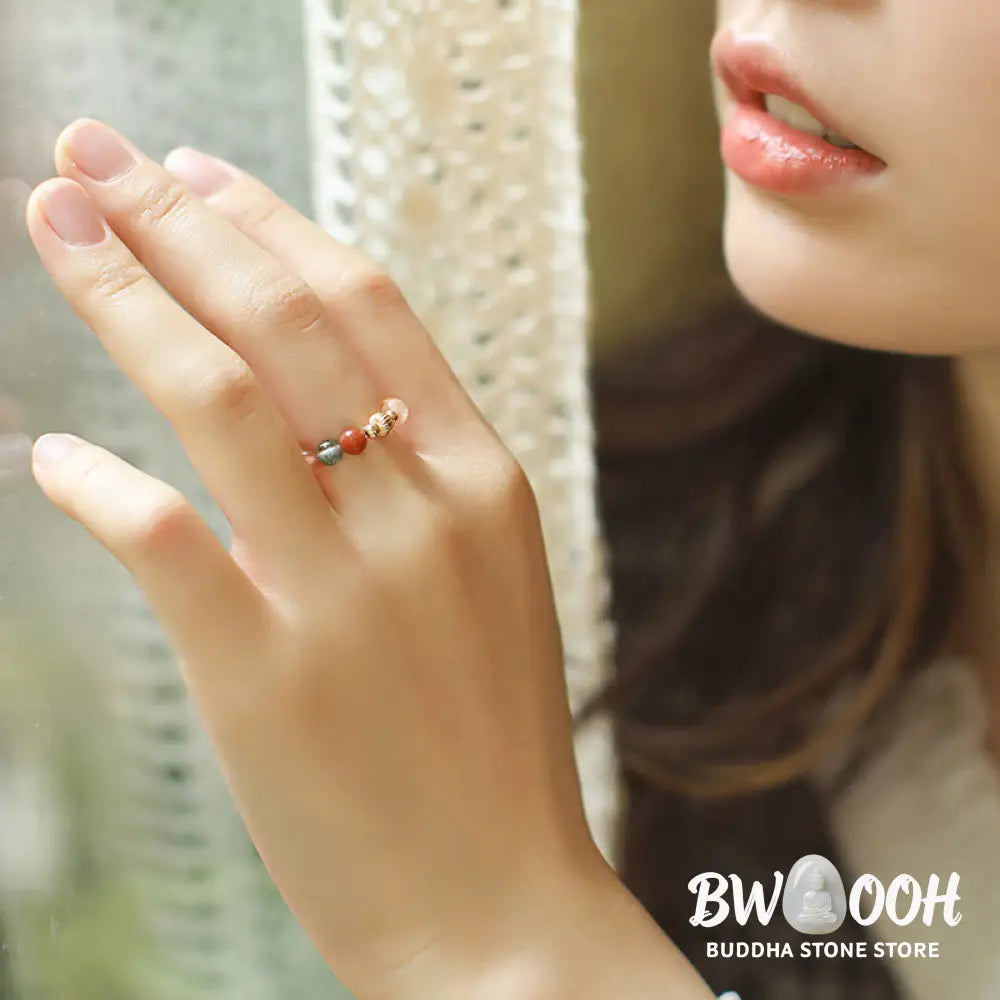 Buddha Stones 14k Gold Plated Copper Fu Lu Shou Crystal Peach Moonstone Happiness Wealth Ring - BWOOOH - Ring
