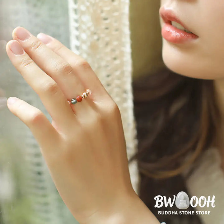 Buddha Stones 14k Gold Plated Copper Fu Lu Shou Crystal Peach Moonstone Happiness Wealth Ring - BWOOOH - Ring
