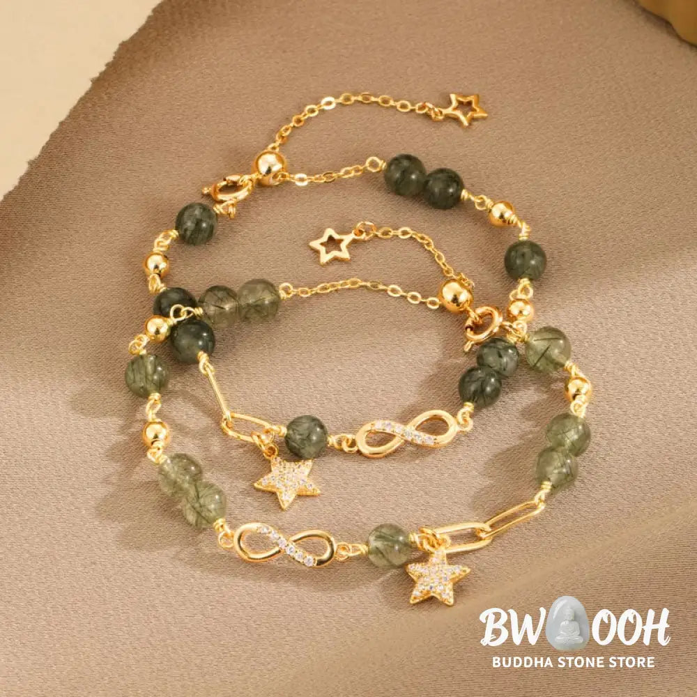 Buddha Stones 14k Gold Plated Copper Green Rutilated Quartz Möbius Loop Eternal Love Star Protection Bracelet - BWOOOH