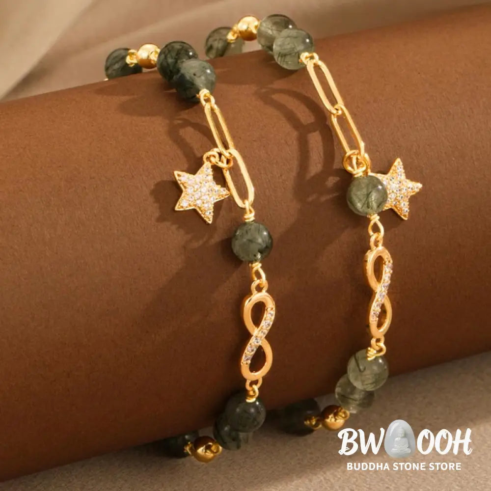 Buddha Stones 14k Gold Plated Copper Green Rutilated Quartz Möbius Loop Eternal Love Star Protection Bracelet - BWOOOH