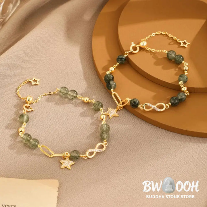 Buddha Stones 14k Gold Plated Copper Green Rutilated Quartz Möbius Loop Eternal Love Star Protection Bracelet - BWOOOH