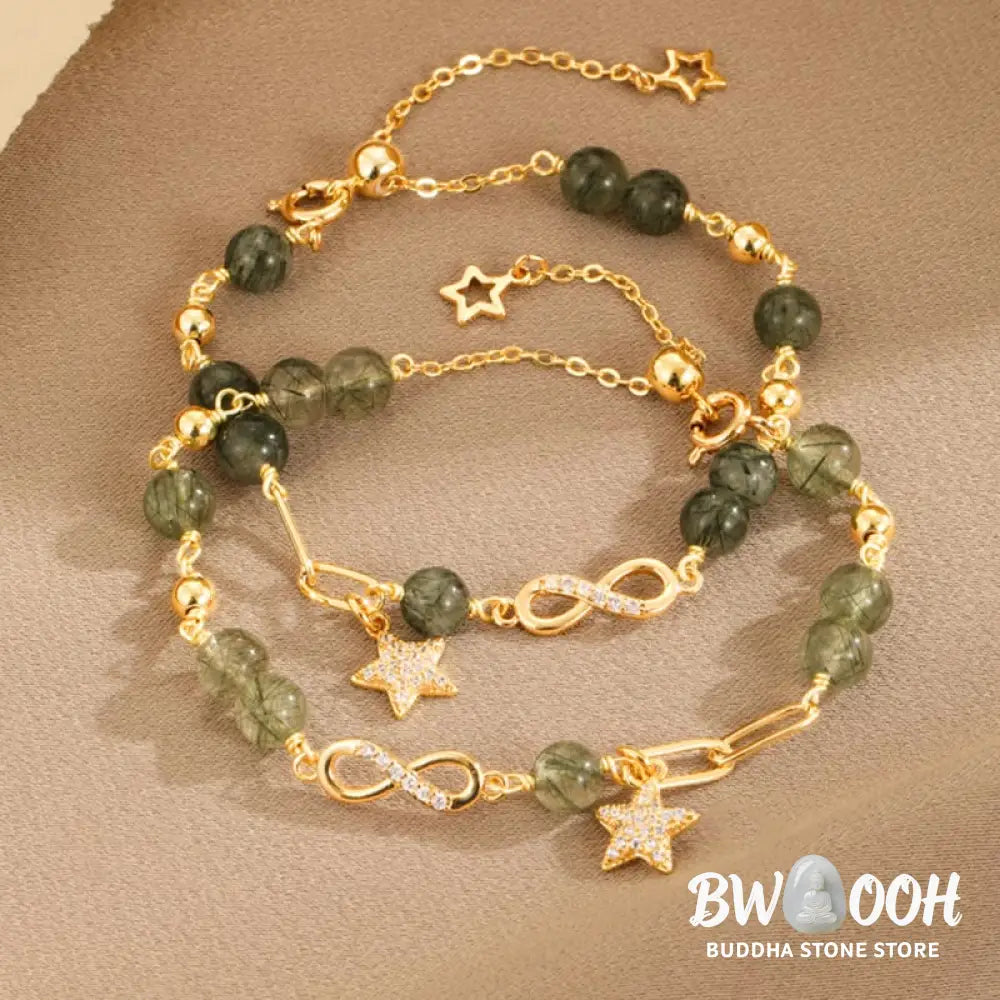 Buddha Stones 14k Gold Plated Copper Green Rutilated Quartz Möbius Loop Eternal Love Star Protection Bracelet - BWOOOH