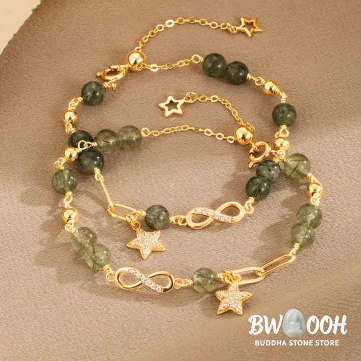 Buddha Stones 14k Gold Plated Copper Green Rutilated Quartz Möbius Loop Eternal Love Star Protection Bracelet - BWOOOH