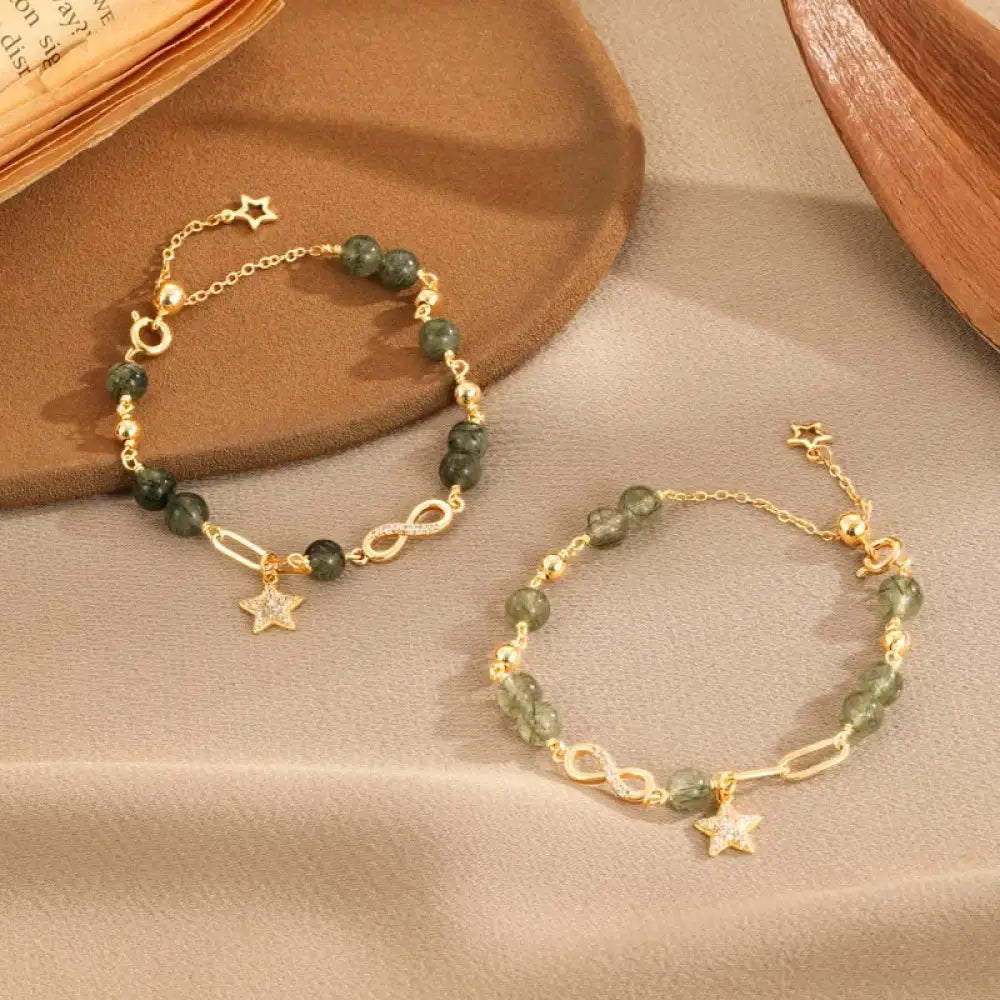 BWOOOH 14k Gold Plated Copper Green Rutilated Quartz Möbius Loop Eternal Love Star Protection Bracelet - BWOOOH