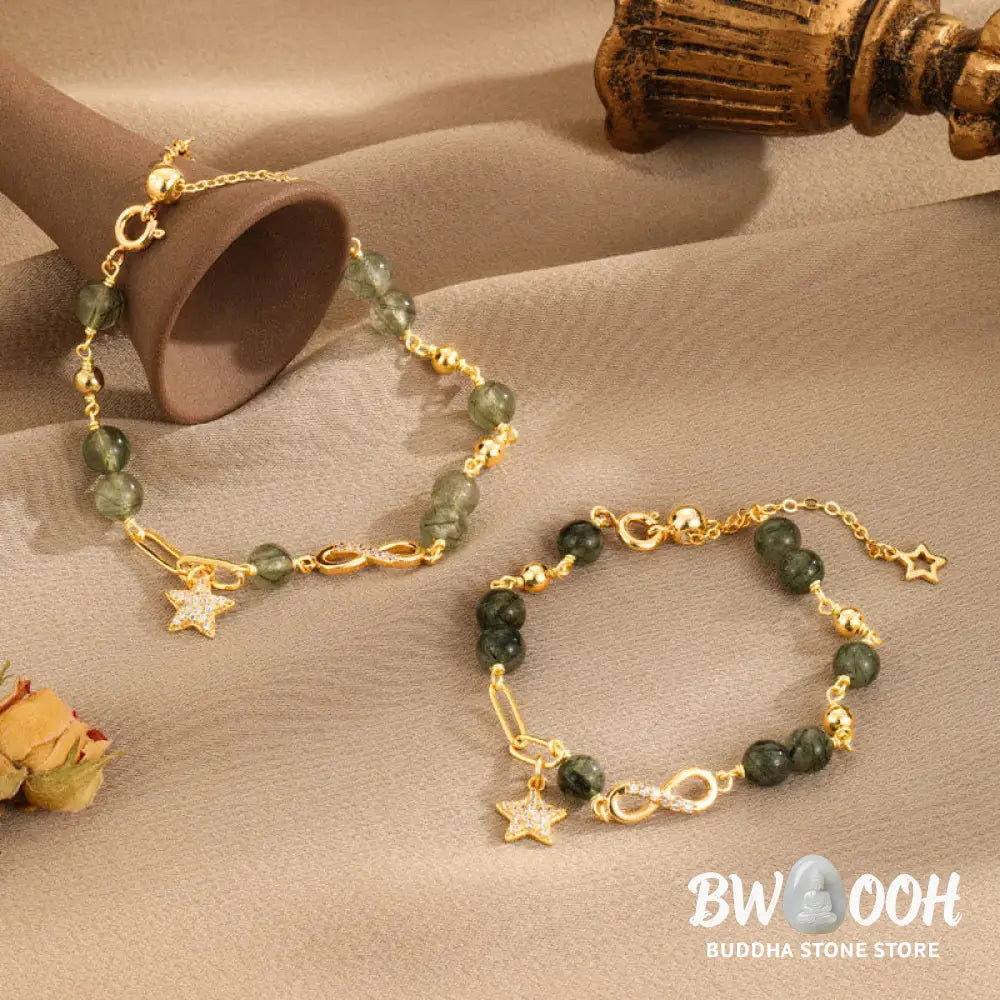 Buddha Stones 14k Gold Plated Copper Green Rutilated Quartz Möbius Loop Eternal Love Star Protection Bracelet - BWOOOH