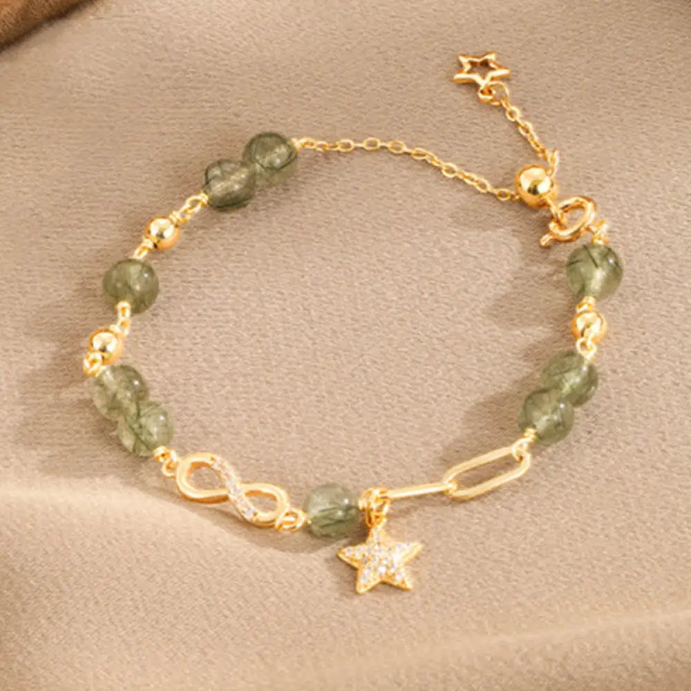 Buddha Stones 14k Gold Plated Copper Green Rutilated Quartz Möbius Loop Eternal Love Star Protection Bracelet - BWOOOH