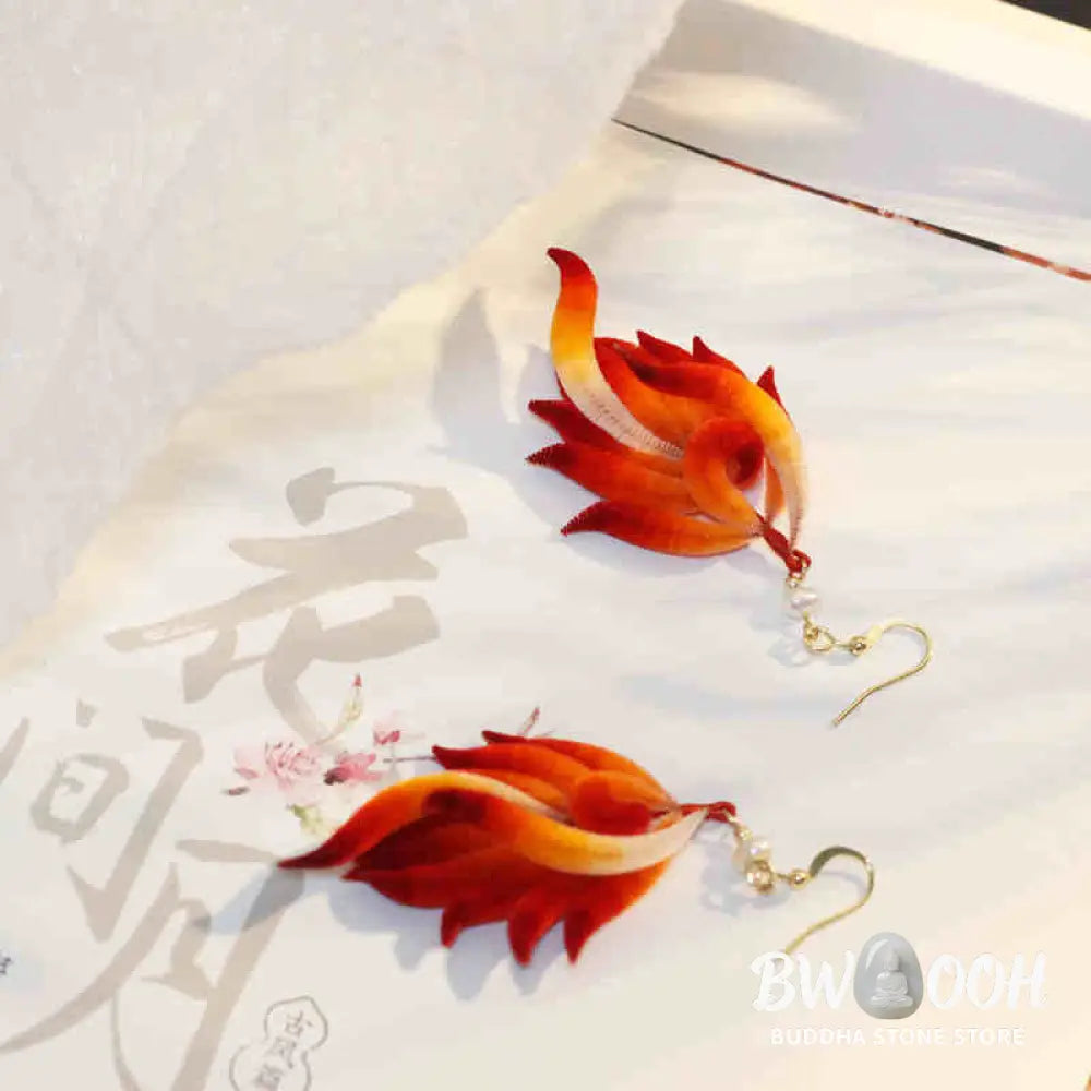 Buddha Stones 14K Gold-plated Copper Handmade Velvet Flower Mulberry Silk Red Feather Drop Earrings - Red Feather