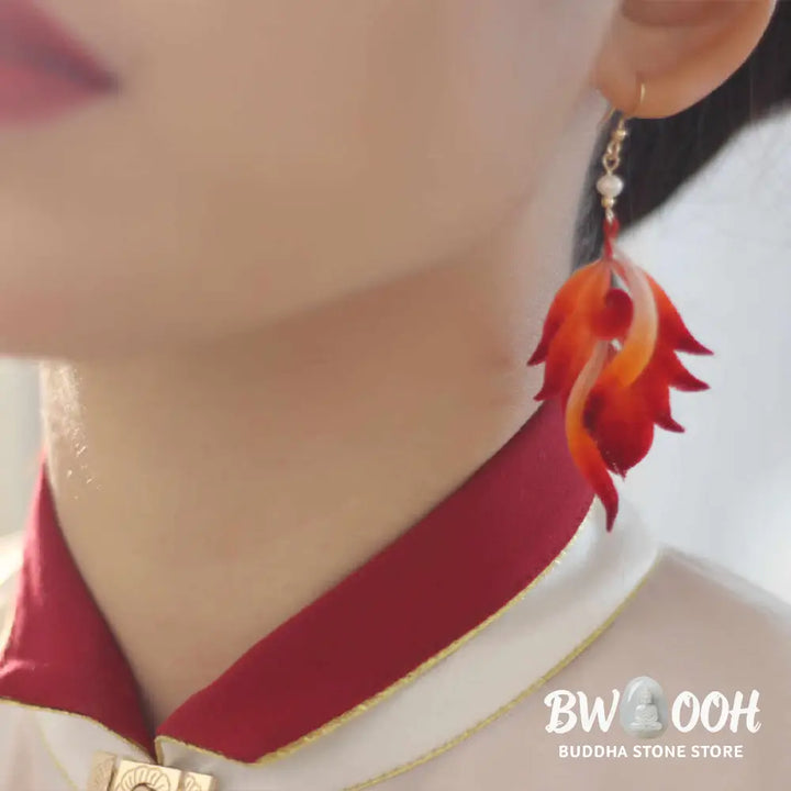Buddha Stones 14K Gold-plated Copper Handmade Velvet Flower Mulberry Silk Red Feather Drop Earrings - Red Feather
