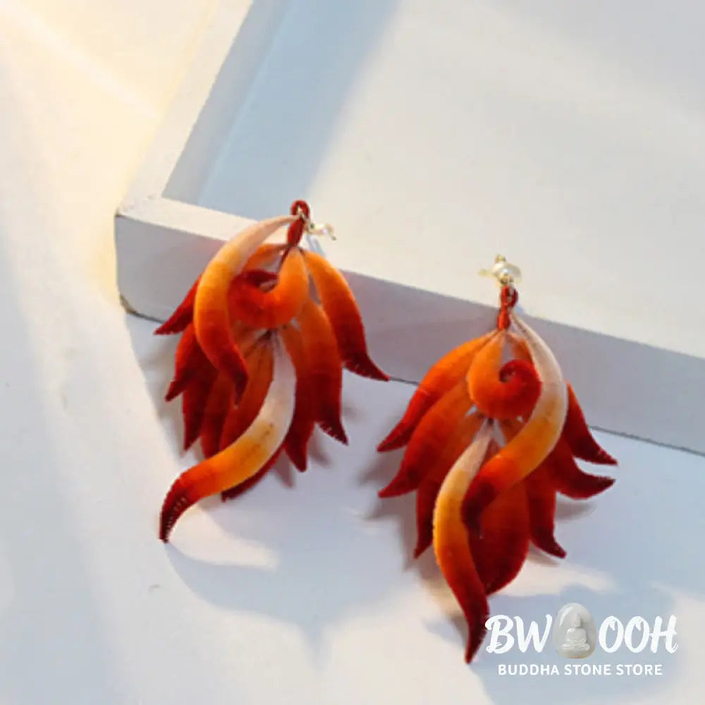 Buddha Stones 14K Gold-plated Copper Handmade Velvet Flower Mulberry Silk Red Feather Drop Earrings - Red Feather