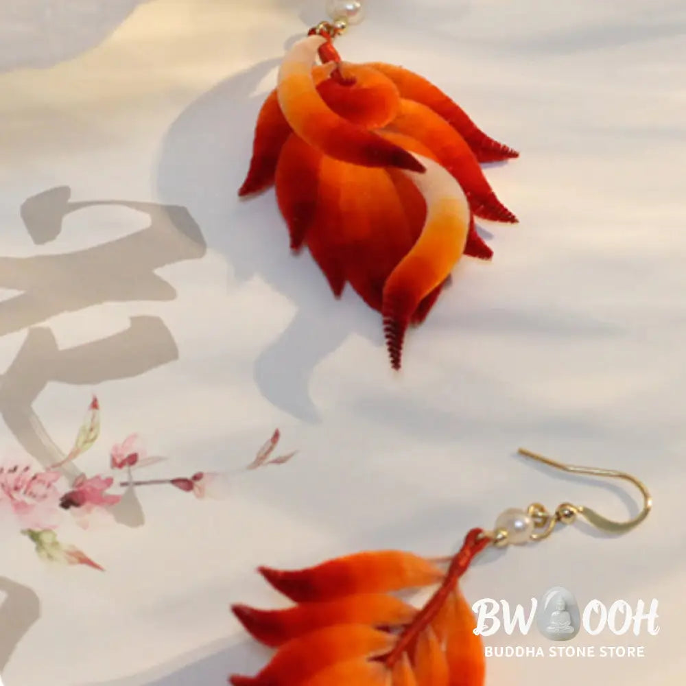 Buddha Stones 14K Gold-plated Copper Handmade Velvet Flower Mulberry Silk Red Feather Drop Earrings - Red Feather