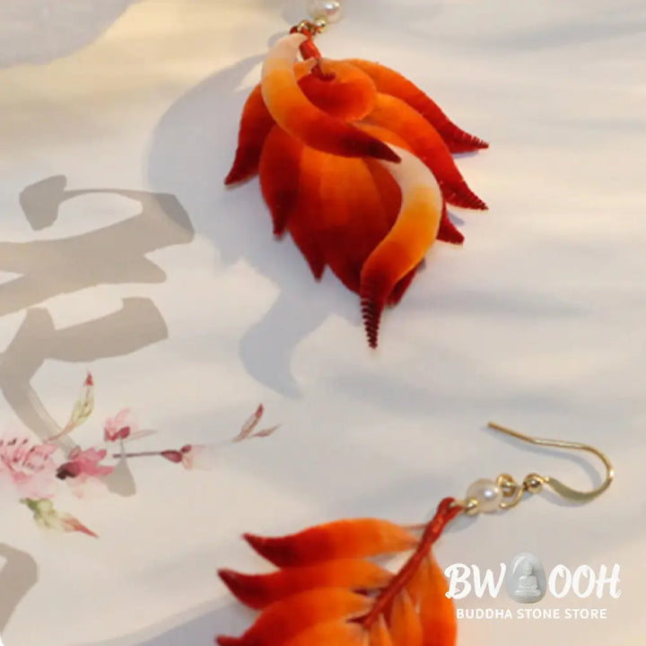 Buddha Stones 14K Gold-plated Copper Handmade Velvet Flower Mulberry Silk Red Feather Drop Earrings - Red Feather