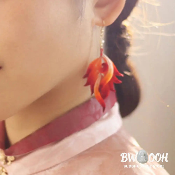 Buddha Stones 14K Gold-plated Copper Handmade Velvet Flower Mulberry Silk Red Feather Drop Earrings - Red Feather