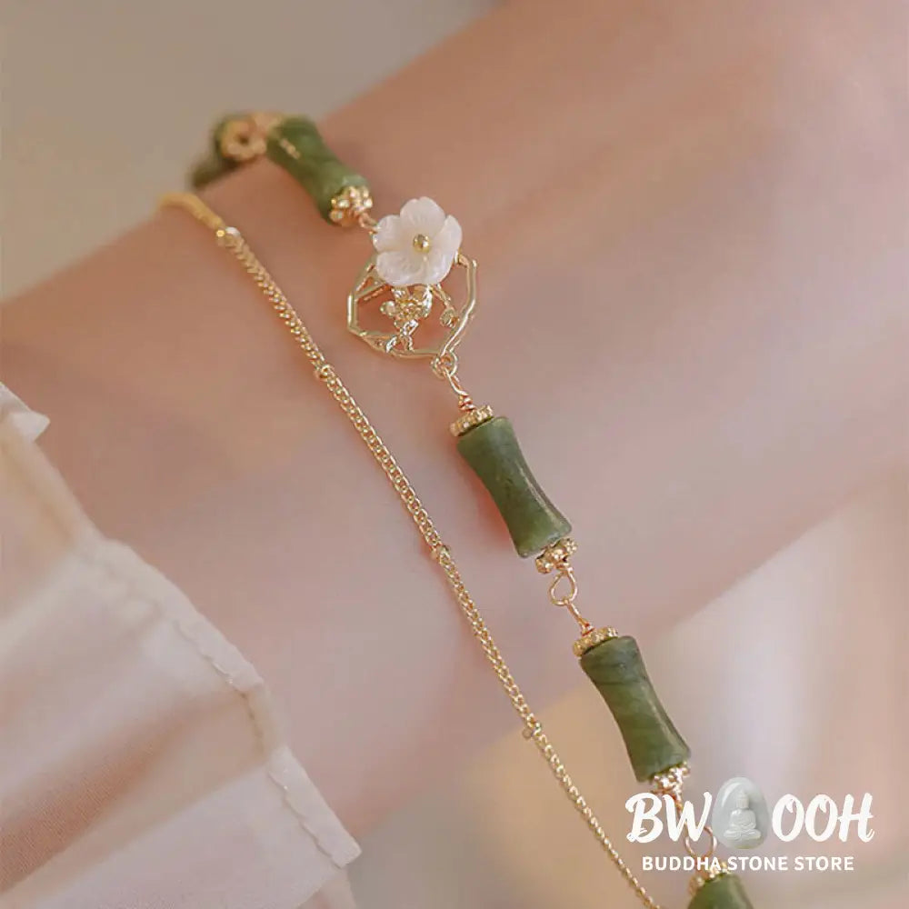 Buddha Stones 14k Gold Plated Copper Peridot Bamboo Flower Wealth Double Layer Bracelet - BWOOOH