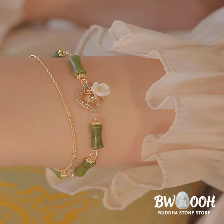 Buddha Stones 14k Gold Plated Copper Peridot Bamboo Flower Wealth Double Layer Bracelet - BWOOOH