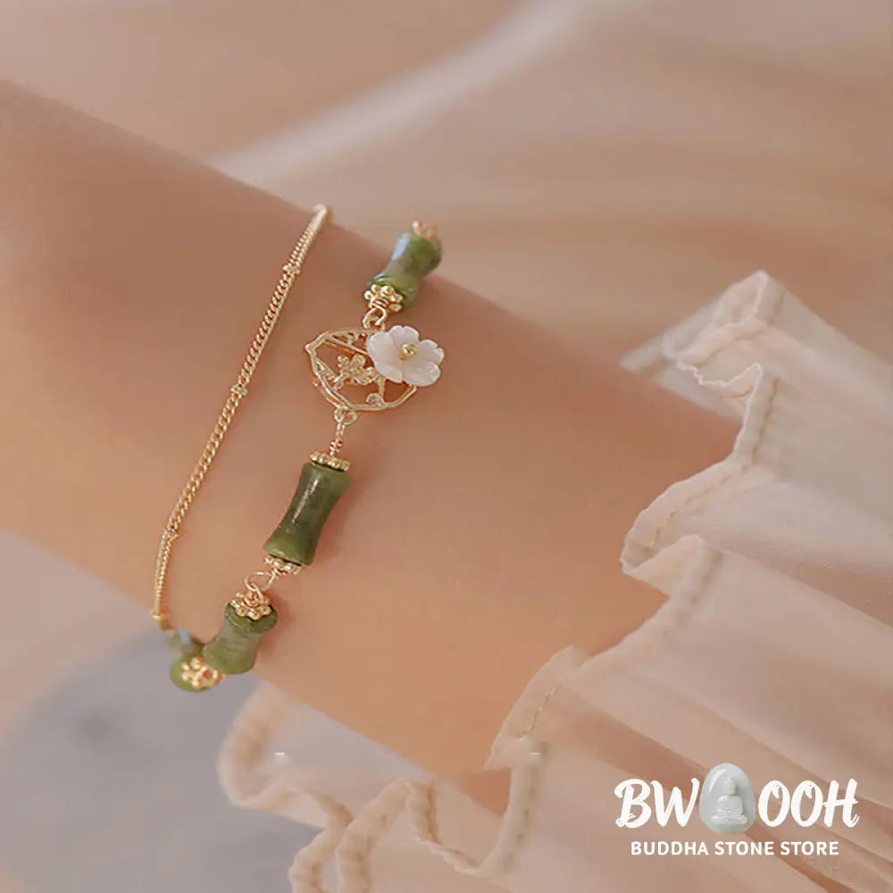 Buddha Stones 14k Gold Plated Copper Peridot Bamboo Flower Wealth Double Layer Bracelet - BWOOOH
