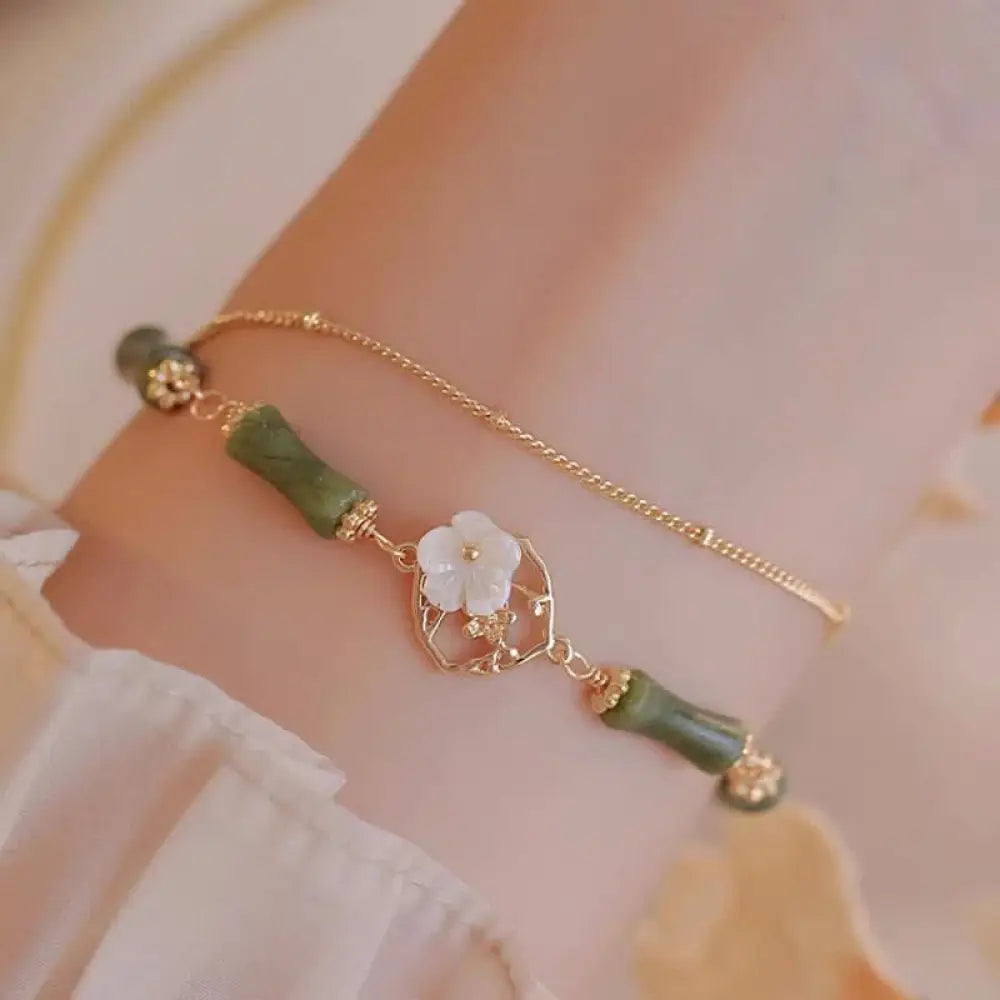 BWOOOH 14k Gold Plated Copper Peridot Bamboo Flower Wealth Double Layer Bracelet - BWOOOH