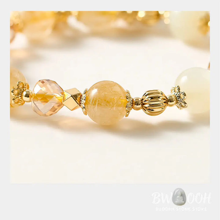 BWOOOH 14K Gold Plated Golden Rutilated Quartz Wealth Bell Lucky Fortune Charm Bracelet - Rutilated