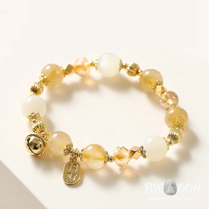 BWOOOH 14K Gold Plated Golden Rutilated Quartz Wealth Bell Lucky Fortune Charm Bracelet - Rutilated