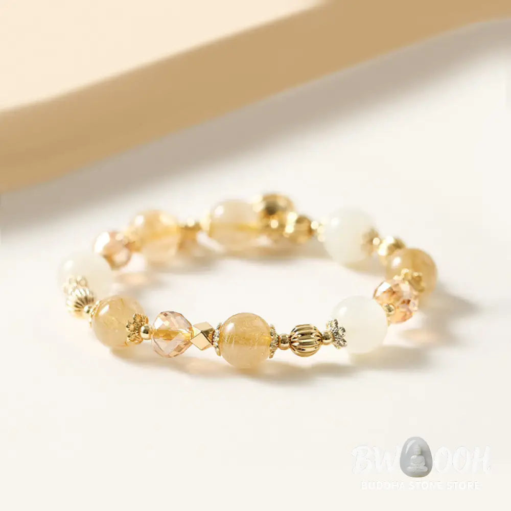BWOOOH 14K Gold Plated Golden Rutilated Quartz Wealth Bell Lucky Fortune Charm Bracelet - Rutilated