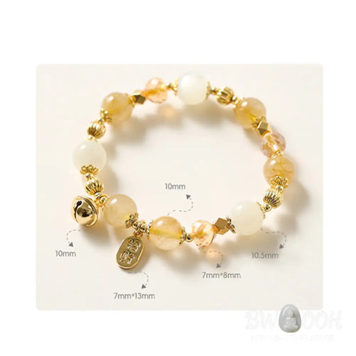 BWOOOH 14K Gold Plated Golden Rutilated Quartz Wealth Bell Lucky Fortune Charm Bracelet - Rutilated