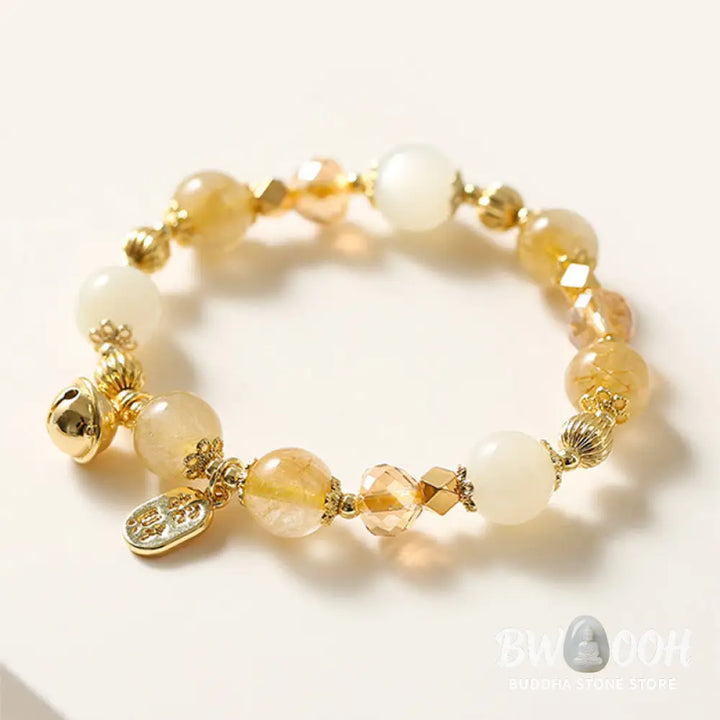 BWOOOH 14K Gold Plated Golden Rutilated Quartz Wealth Bell Lucky Fortune Charm Bracelet - Rutilated