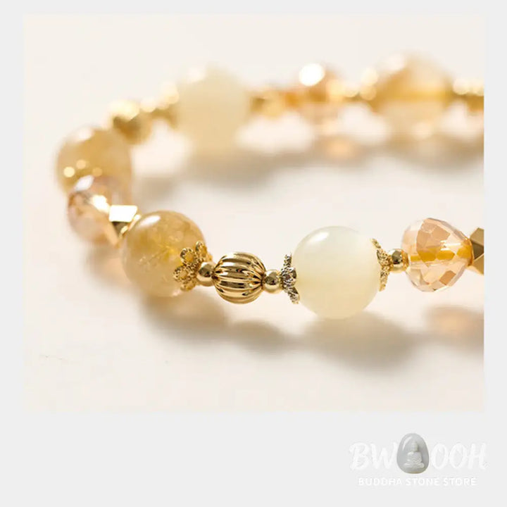 BWOOOH 14K Gold Plated Golden Rutilated Quartz Wealth Bell Lucky Fortune Charm Bracelet - Rutilated