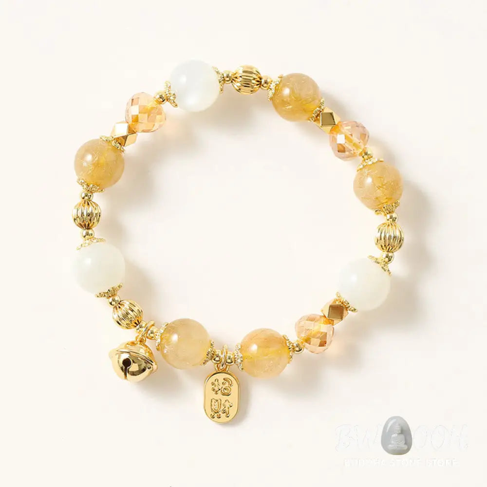 BWOOOH 14K Gold Plated Golden Rutilated Quartz Wealth Bell Lucky Fortune Charm Bracelet - Rutilated