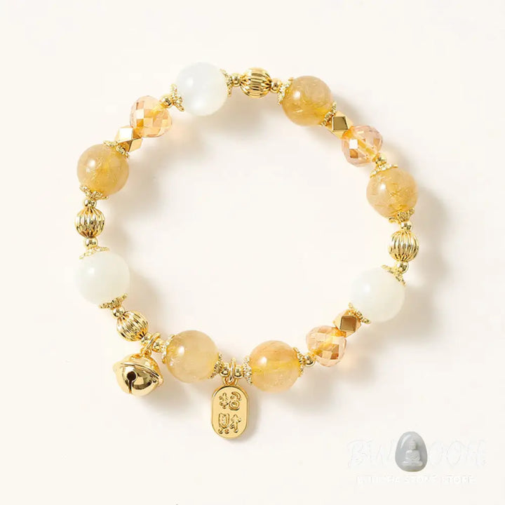 BWOOOH 14K Gold Plated Golden Rutilated Quartz Wealth Bell Lucky Fortune Charm Bracelet - Rutilated