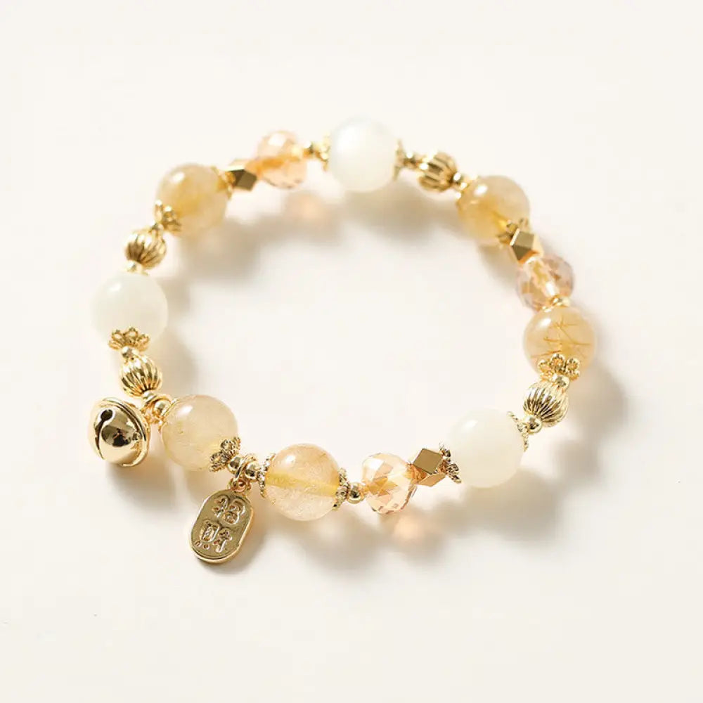 BWOOOH 14K Gold Plated Golden Rutilated Quartz Wealth Bell Lucky Fortune Charm Bracelet - Rutilated