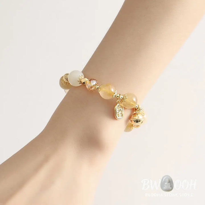 BWOOOH 14K Gold Plated Golden Rutilated Quartz Wealth Bell Lucky Fortune Charm Bracelet - Rutilated