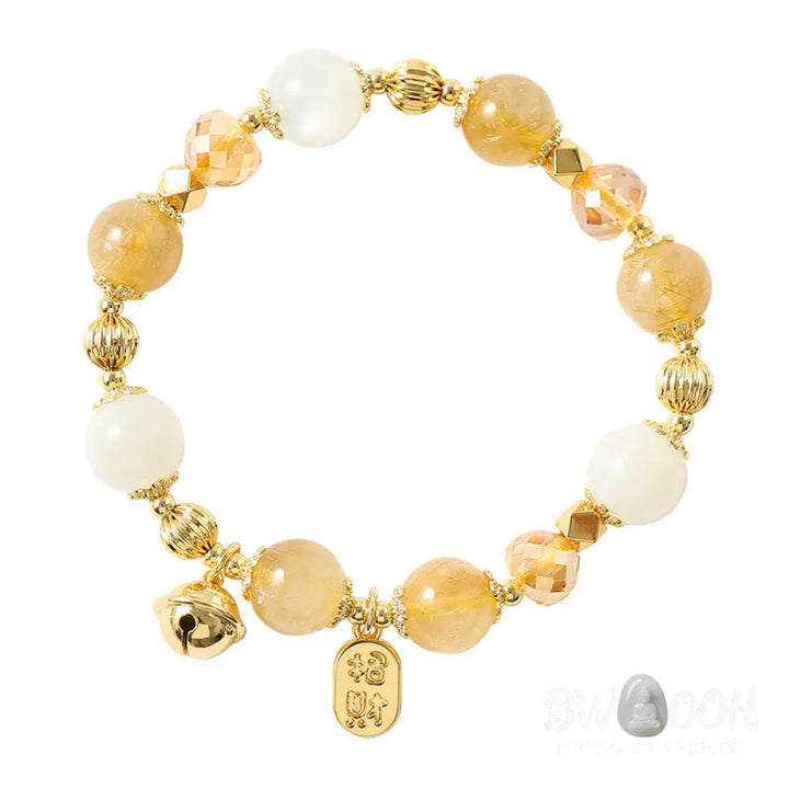 BWOOOH 14K Gold Plated Golden Rutilated Quartz Wealth Bell Lucky Fortune Charm Bracelet - Rutilated