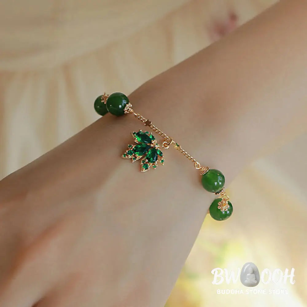 Buddha Stones 14k Gold Plated Green Chalcedony Maple Leaf Courage Strength Bracelet - BWOOOH - Green