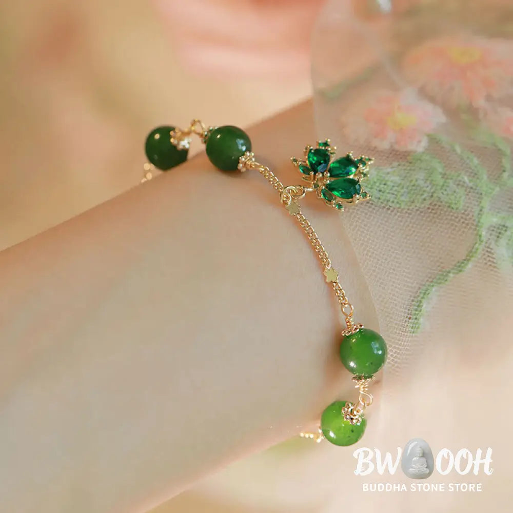 Buddha Stones 14k Gold Plated Green Chalcedony Maple Leaf Courage Strength Bracelet - BWOOOH - Green