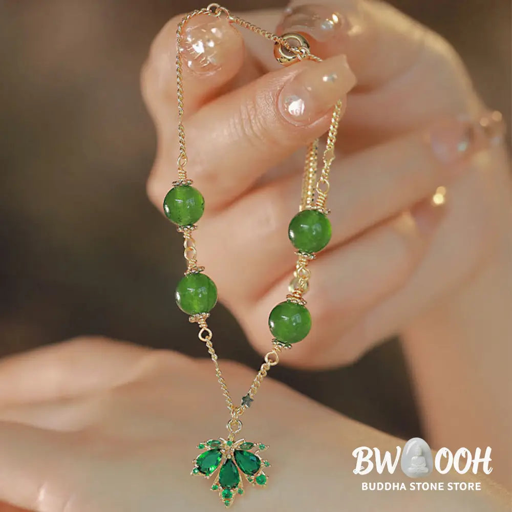 Buddha Stones 14k Gold Plated Green Chalcedony Maple Leaf Courage Strength Bracelet - BWOOOH - Green