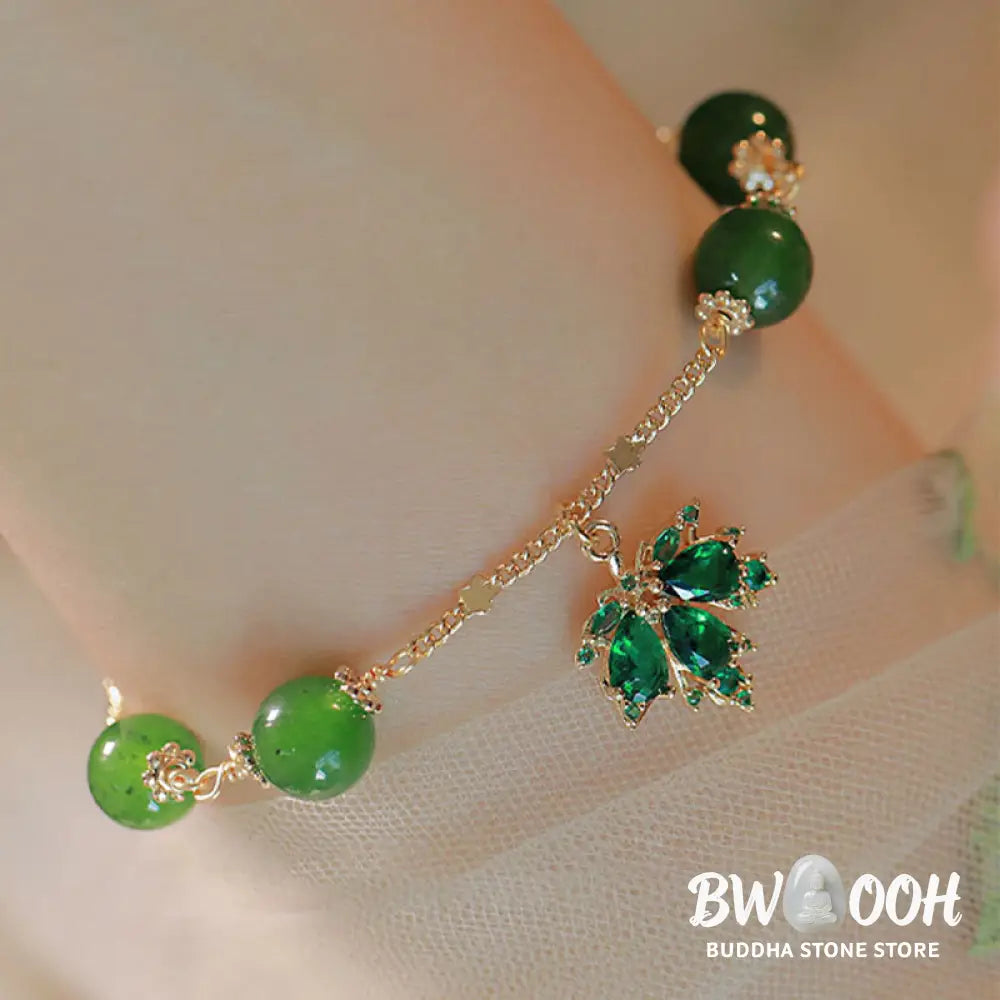 Buddha Stones 14k Gold Plated Green Chalcedony Maple Leaf Courage Strength Bracelet - BWOOOH - Green