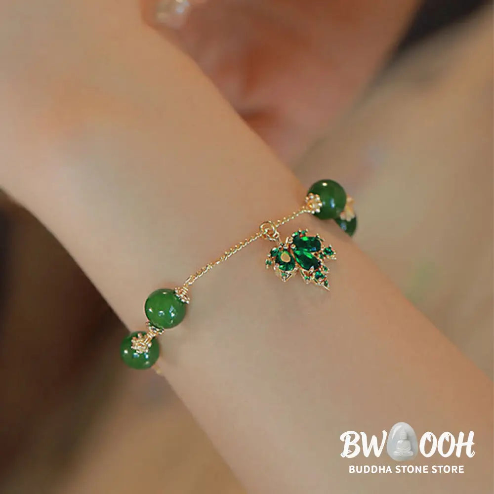 Buddha Stones 14k Gold Plated Green Chalcedony Maple Leaf Courage Strength Bracelet - BWOOOH - Green
