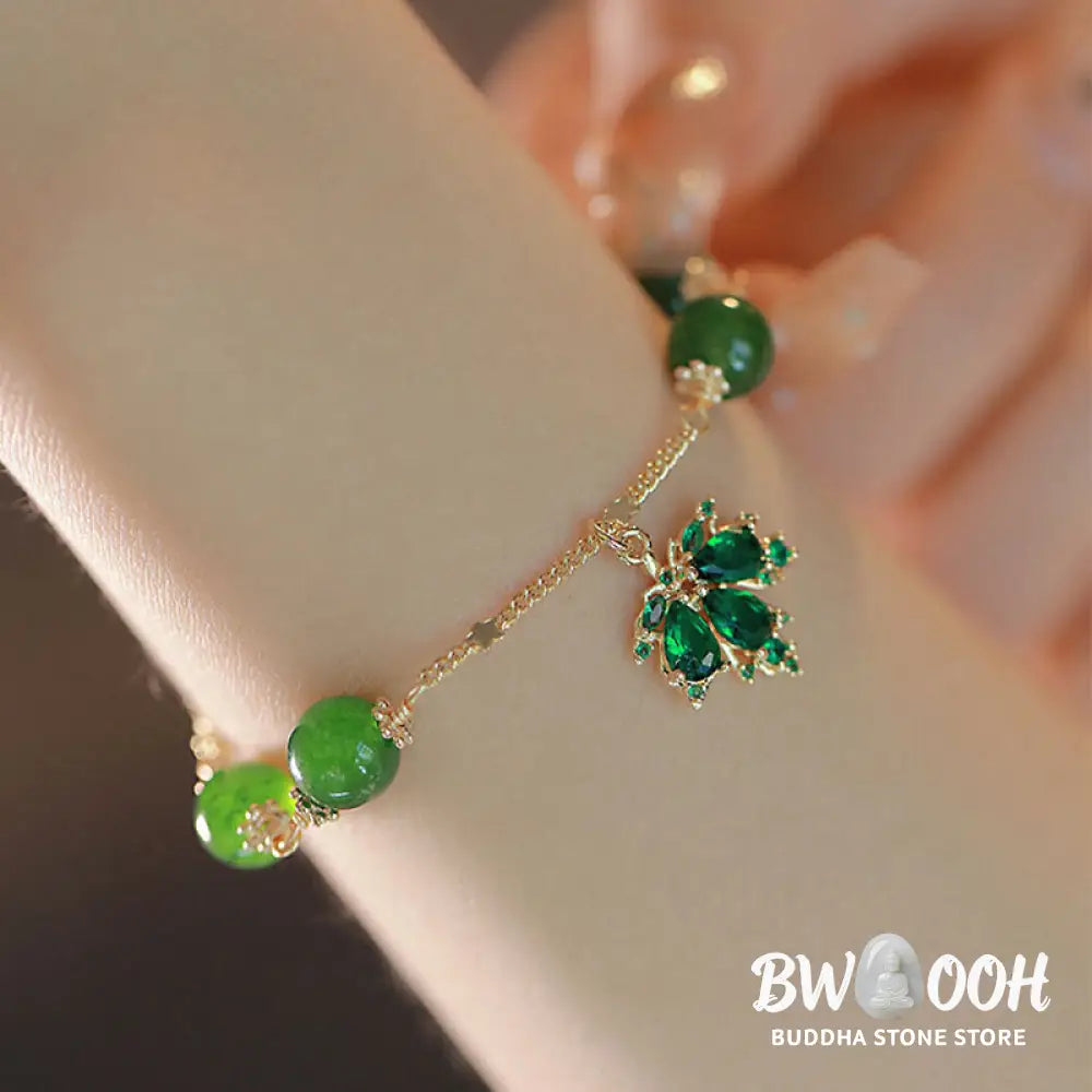 Buddha Stones 14k Gold Plated Green Chalcedony Maple Leaf Courage Strength Bracelet - BWOOOH - Green