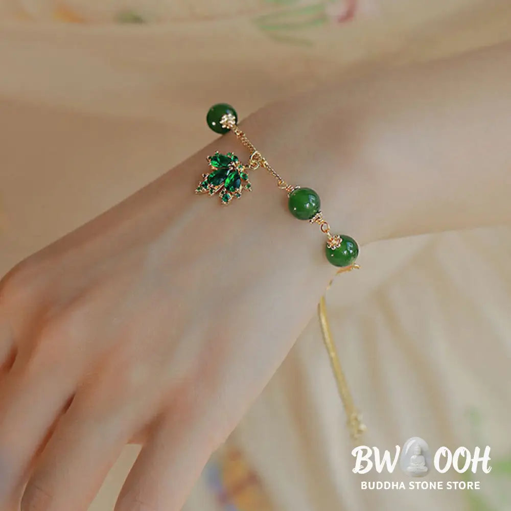 Buddha Stones 14k Gold Plated Green Chalcedony Maple Leaf Courage Strength Bracelet - BWOOOH - Green