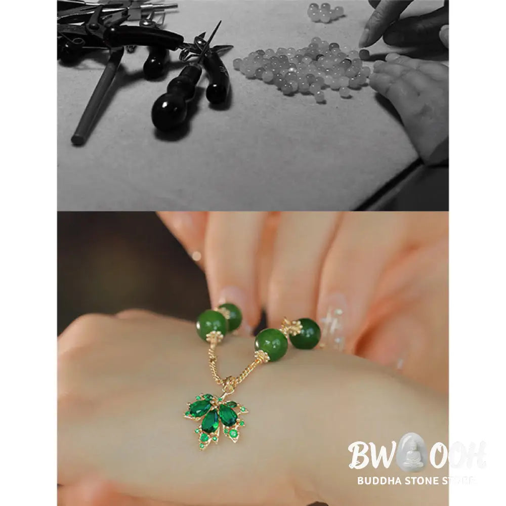 Buddha Stones 14k Gold Plated Green Chalcedony Maple Leaf Courage Strength Bracelet - BWOOOH - Green