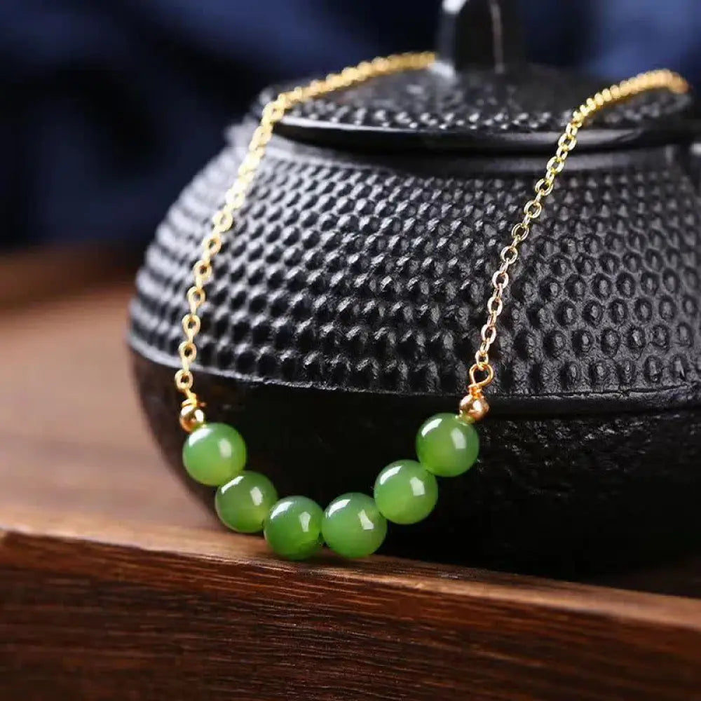 BWOOOH 14K Gold Plated Hetian Cyan Jade Beaded Luck Necklace Pendant