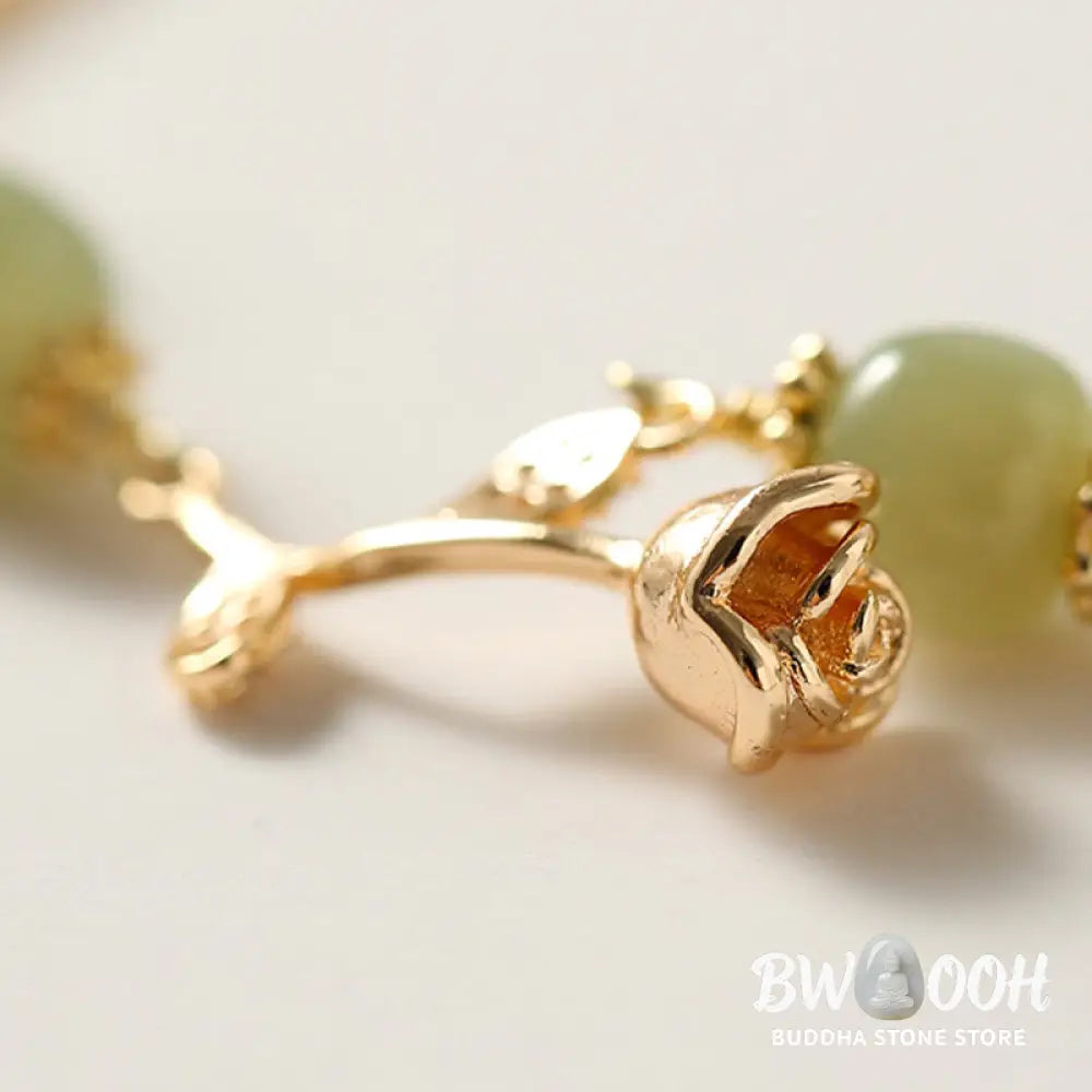 Buddha Stones 14K Gold Plated Hetian Jade Golden Rose Flower Luck Chain Bracelet - BWOOOH