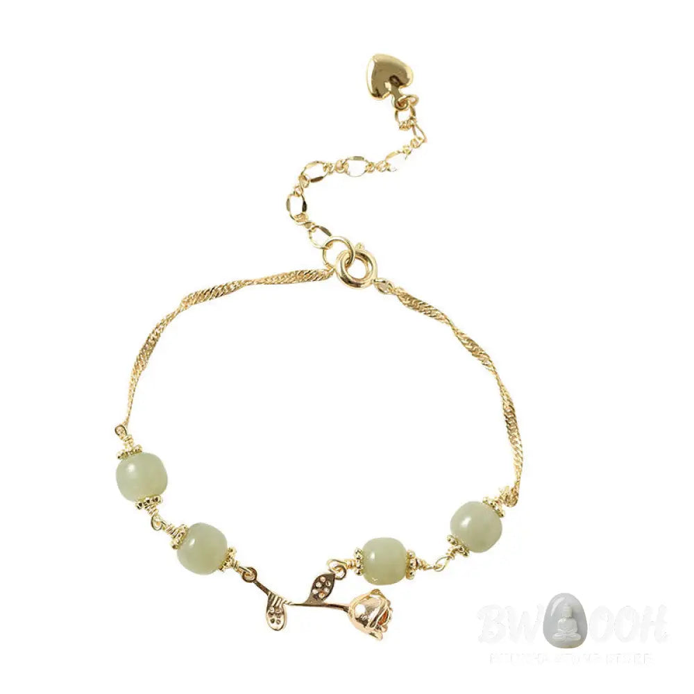 Buddha Stones 14K Gold Plated Hetian Jade Golden Rose Flower Luck Chain Bracelet - BWOOOH