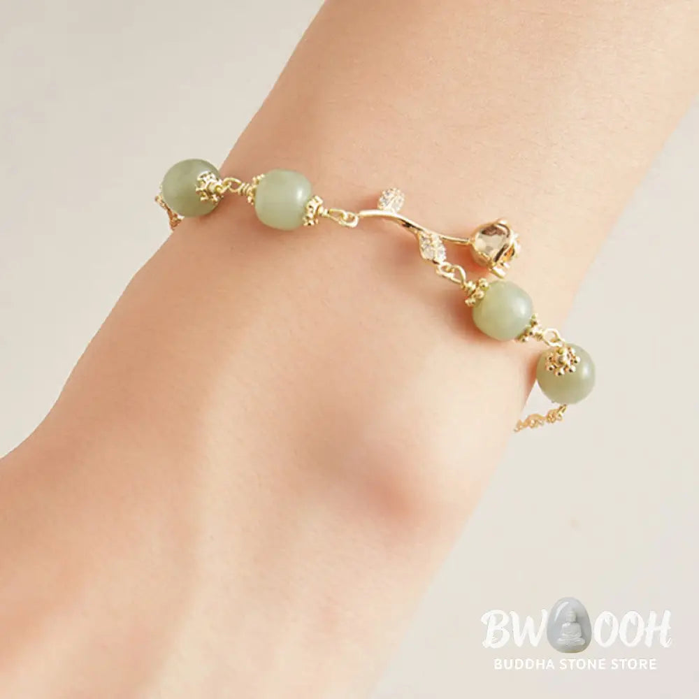 Buddha Stones 14K Gold Plated Hetian Jade Golden Rose Flower Luck Chain Bracelet - BWOOOH