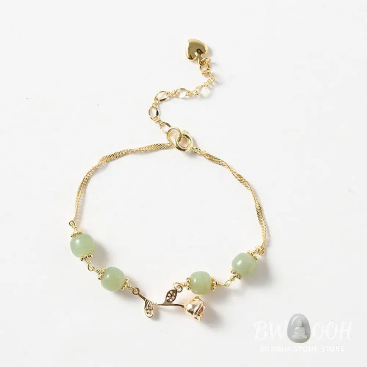 Buddha Stones 14K Gold Plated Hetian Jade Golden Rose Flower Luck Chain Bracelet - BWOOOH