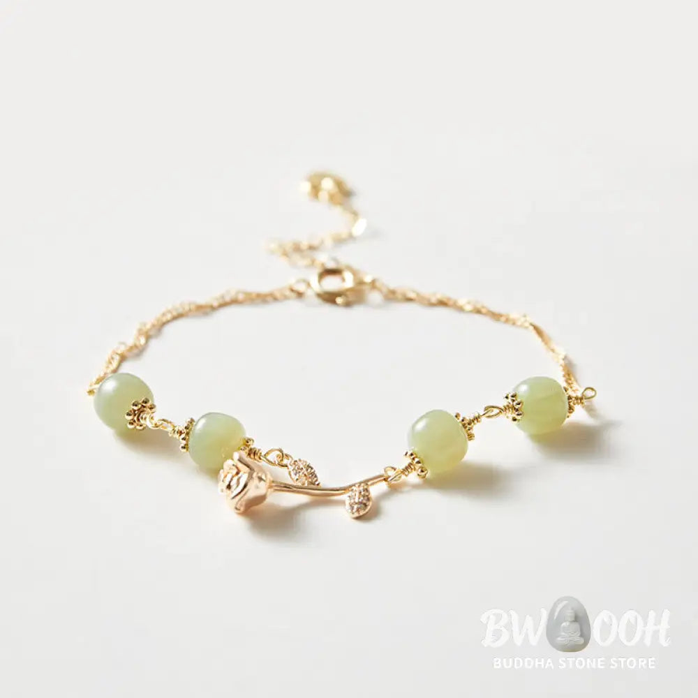 Buddha Stones 14K Gold Plated Hetian Jade Golden Rose Flower Luck Chain Bracelet - BWOOOH