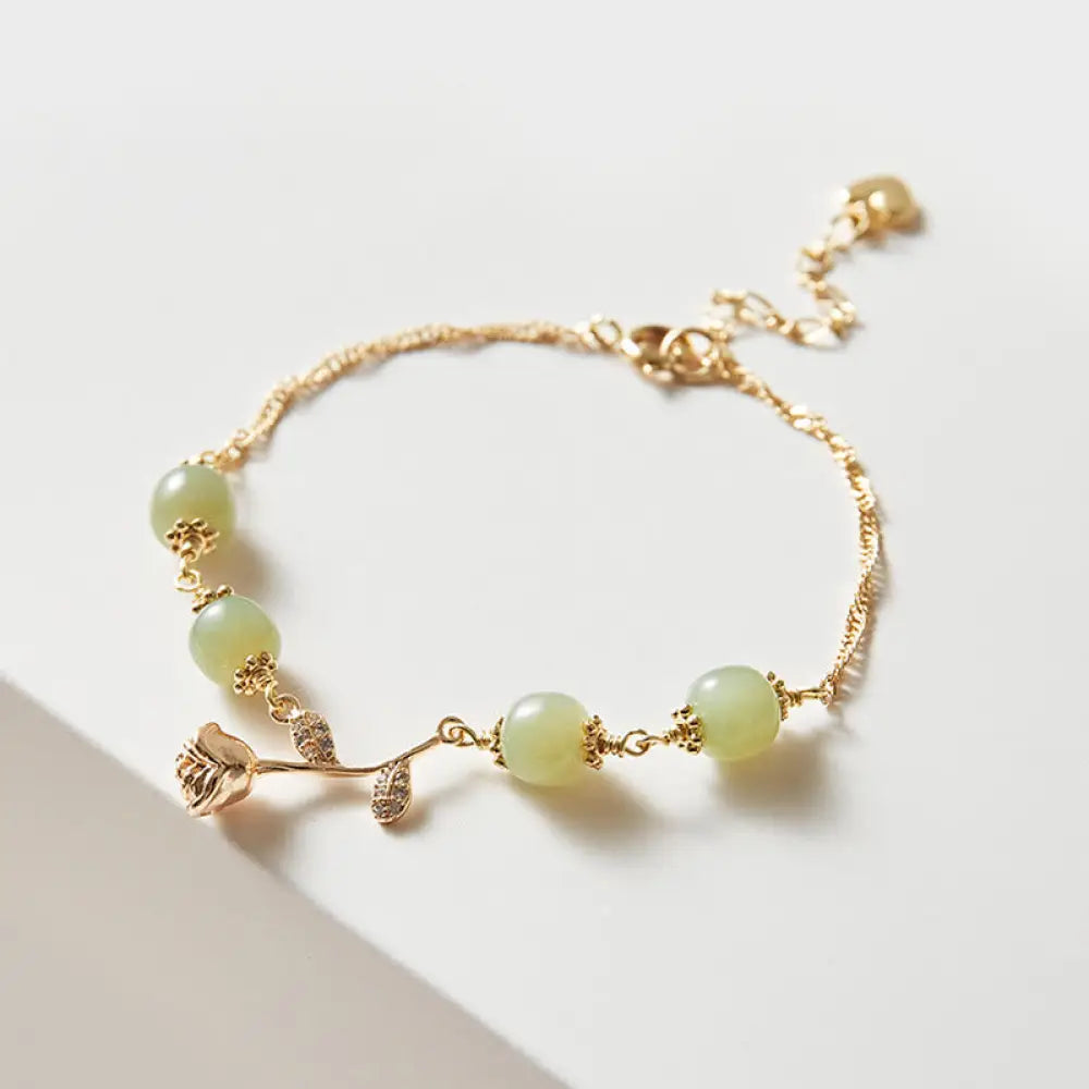 BWOOOH 14K Gold Plated Hetian Jade Golden Rose Flower Luck Chain Bracelet - BWOOOH