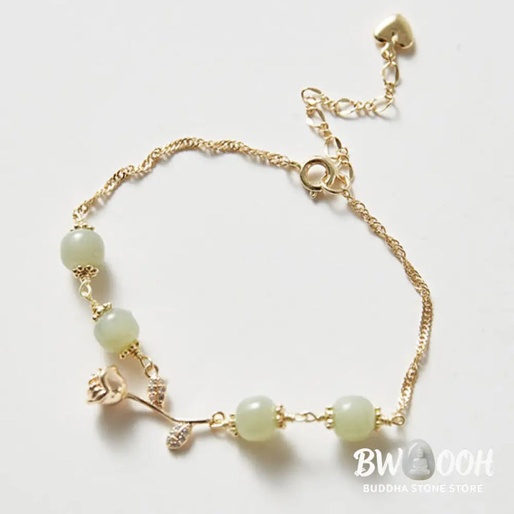 Buddha Stones 14K Gold Plated Hetian Jade Golden Rose Flower Luck Chain Bracelet - BWOOOH